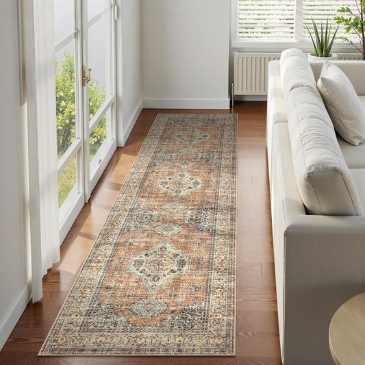 Lahome Oriental Washable Runner Rug Non Slip, 2x7 Rug Runners for Hallways Non Slip Vintage Ultra-Thin Soft Long Carpet for Kitchen Laundry Room Bedroom, Peach/Orange