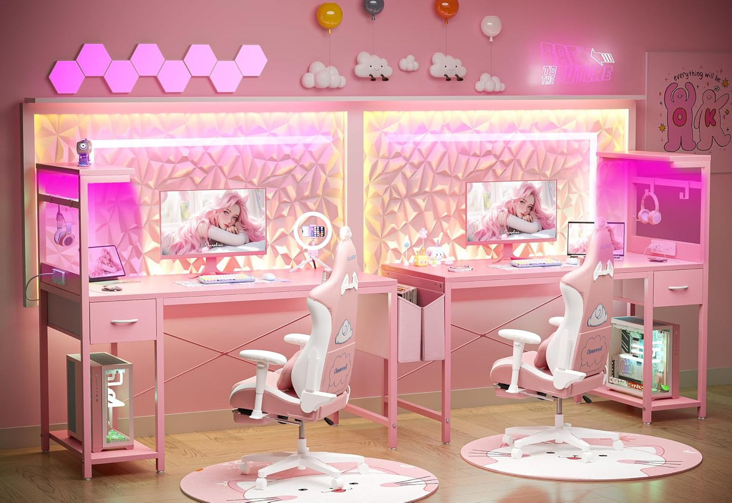 TIQLAB Gaming Desk 55 inch with Power Outlet and LED Light, Computer Desk with Reversible Shelves and Storage Drawer, Small PC Desk for Home Office Table with Bag, Carbon Fiber Pink