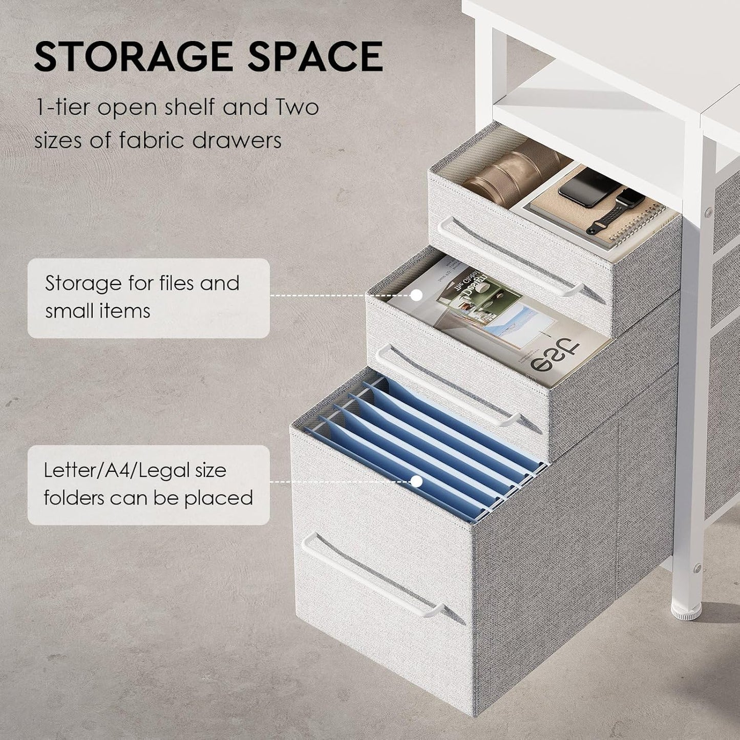 Ｍａｉｈａｉｌ Maihail Small Desk with Drawers, 40 inch Computer Desk with Shelves, Writing Desk with Storage, Small Office Desk with Metal Frame, White