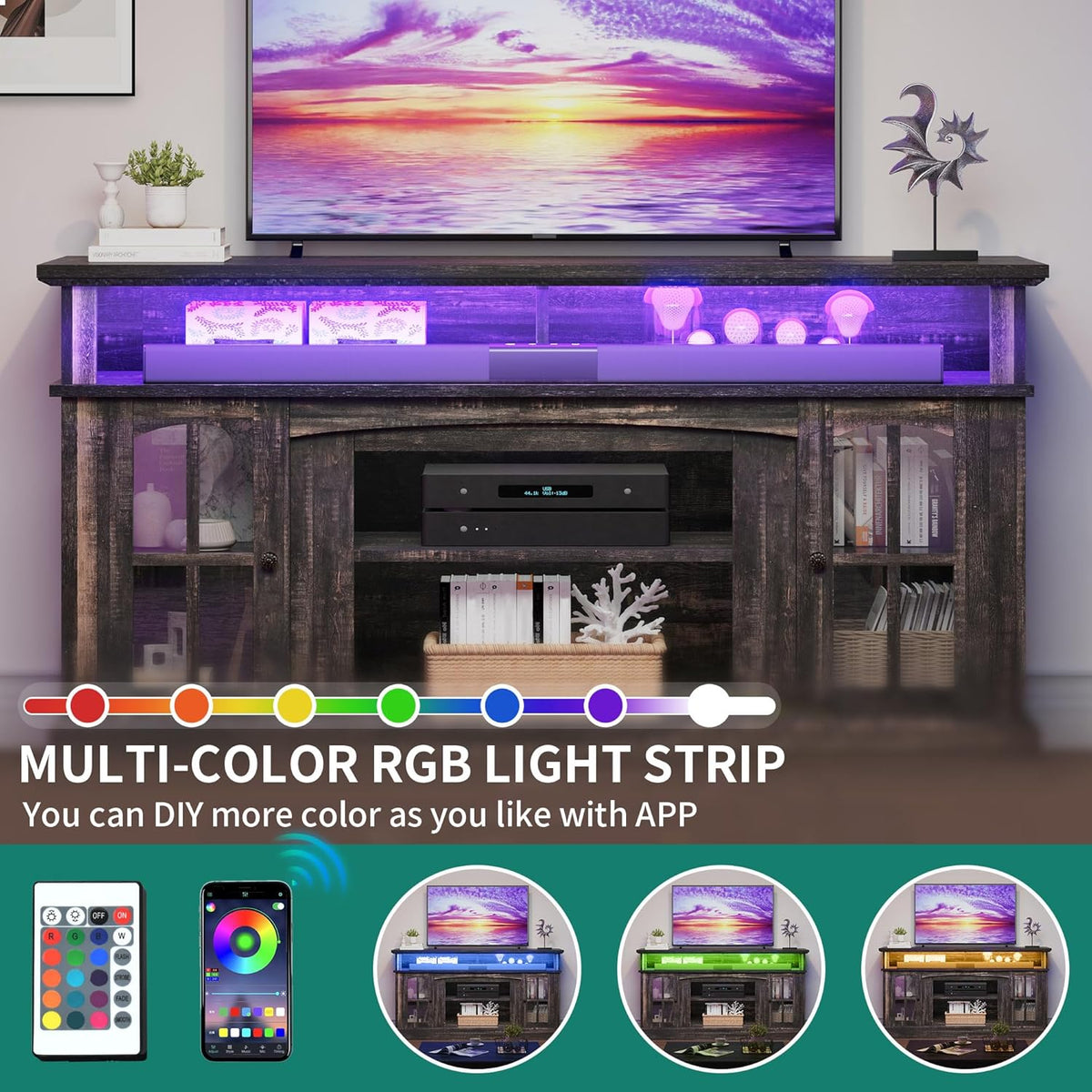 YITAHOME LED Farmhouse TV Stand for 65 Inch w/Outlets, Modern Entertainment Center with Glass Doors and Adjustable Storage Shelves, Media Console TV Cabinet for for Living Room, Dark Rustic Oak