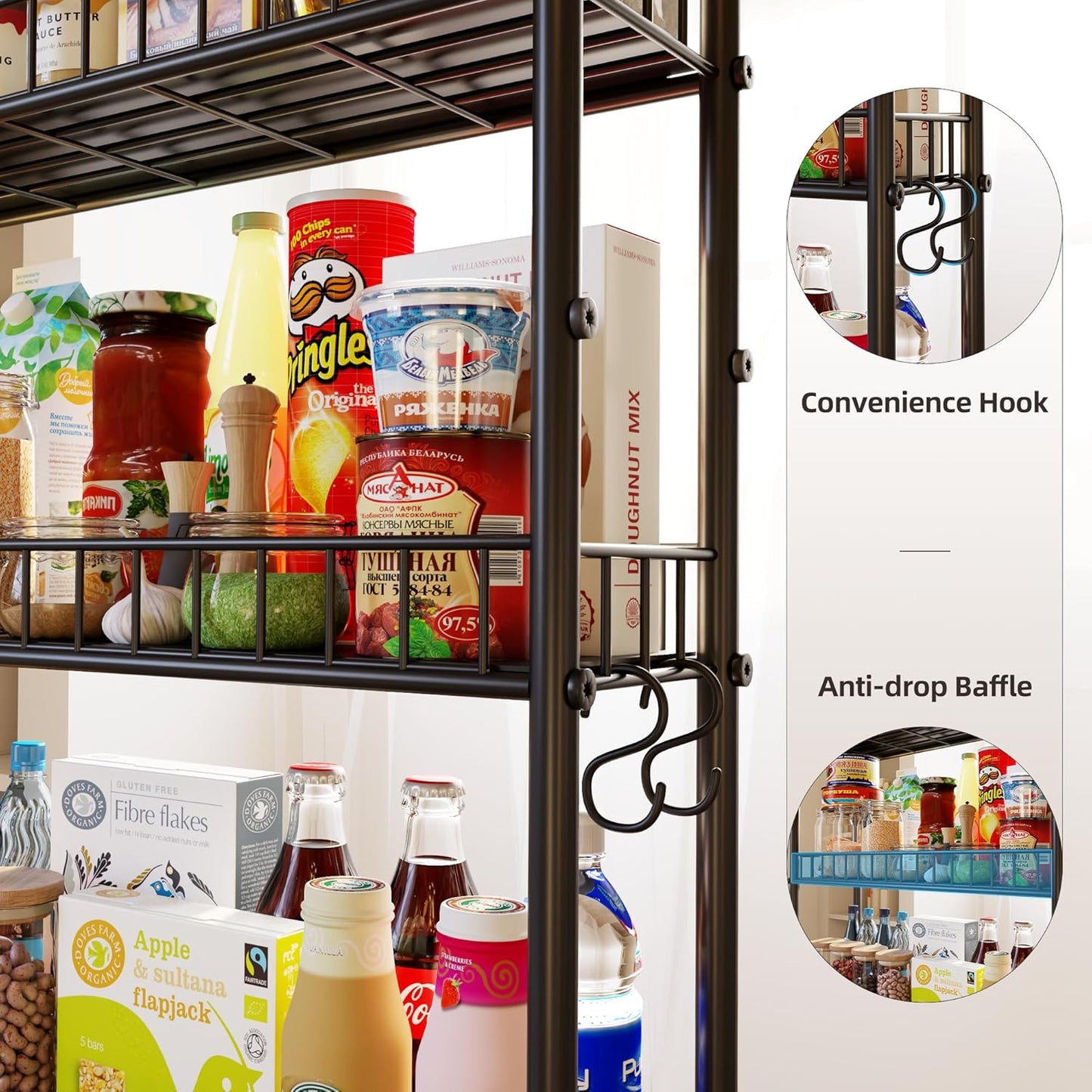 6-Tier Slim Storage Cart, Rolling Kitchen Cart with Wheels, Narrow Metal Shelf Organizer with Hooks for Kitchen, Bathroom, Living Room, Laundry, Small Spaces (Black, 6 in)