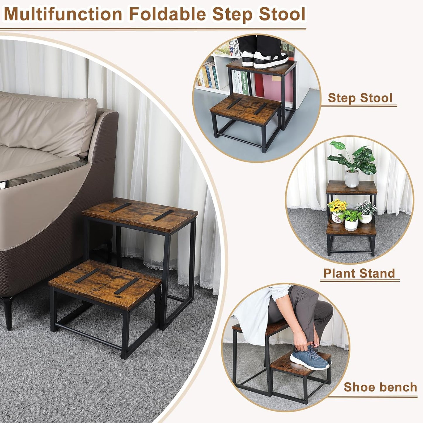 Vrisa Wood Step Stool for Adults Bedside Steps for High Beds Two Step Stools with 550Lbs Load Capacity Heavy Duty RV Stepping Stool for Kitchen Bedroom Living Room, Rustic Brown