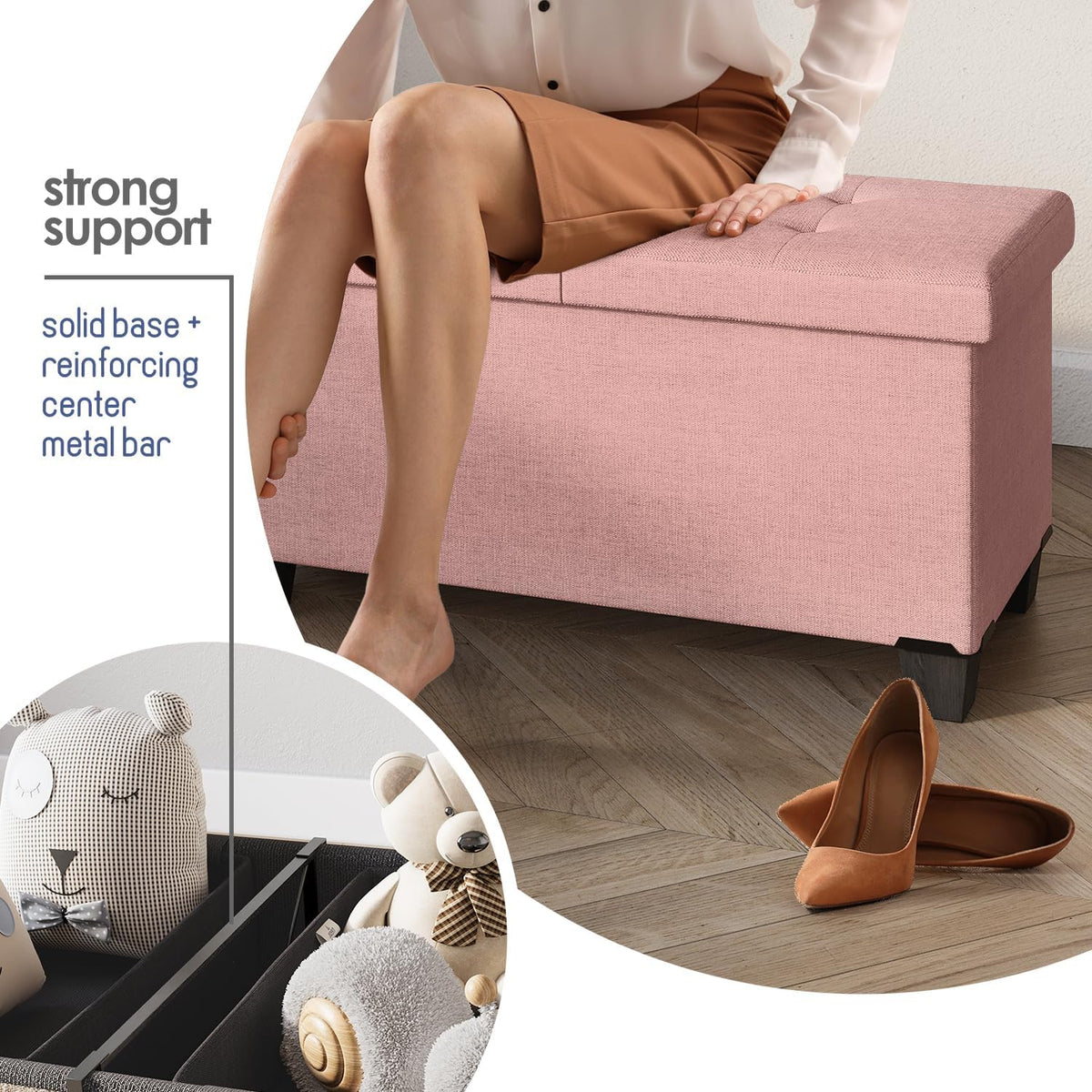STORAGEBUD Storage Ottoman Bench with Bins, 43-in Storage Bench for Bedroom End of Bed, Folding Foot Rest Ottoman for Living Room Max 660lbs, Fabric Ottomans, Pink