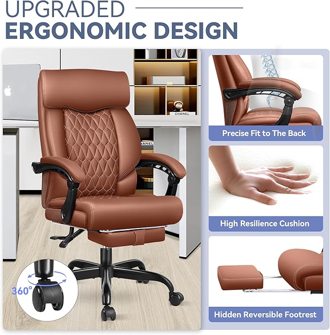 Office Chair, Big and Tall Office Desk Chair, Reclining Office Chair with Footrest Home Office Desk Chairs, High Back Ergonomic with Lumbar Support, Executive Leather