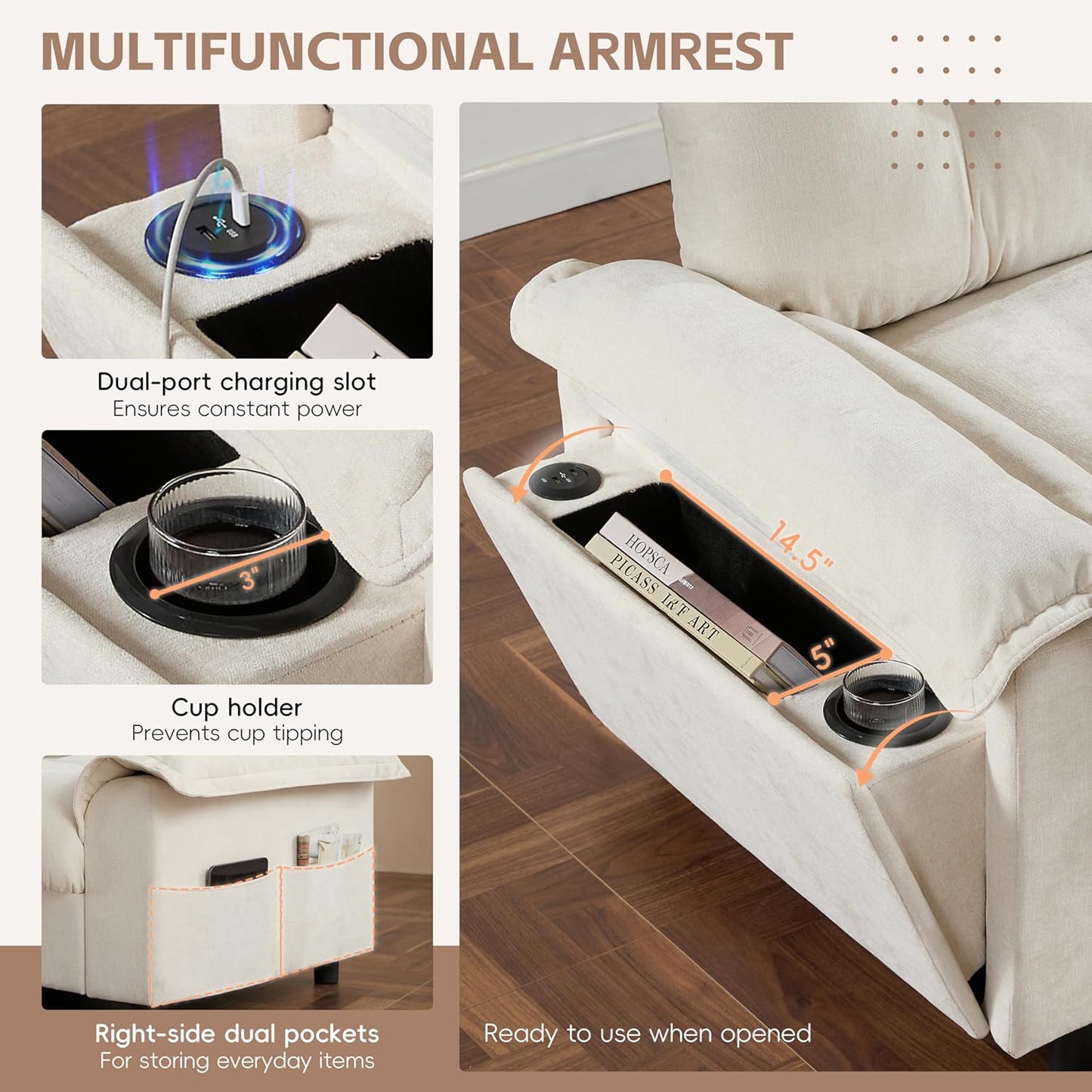 Mreax L-Shape Sectional Sofa with Movable Storage Ottoman and Multifunctional Armrest, 4 Seater Oversized Chenille Upholstered Cloud Couch for Living Room, Apartment, Unique Tufted Design, Beige