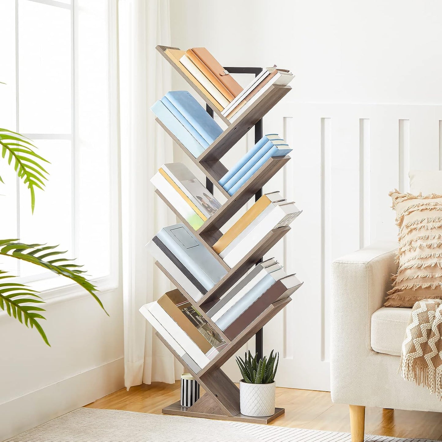 HOOBRO Tree Bookshelf, 9-Tier Bookcase Wooden Shelves, Floor Standing Storage Rack, for Display of CDs, Books in Living Room, Home Office, Wood Storage Rack for Bedroom, Greige BG08SJ01G1