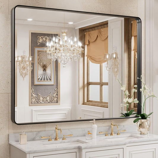 WEER Black Bathroom Mirror for Wall 40X30 Inch, Rectangular Black Metal Framed Vanity Mirror, Farmhouse Bathroom Mirror with Tempered Glass, Rounded Corner, Anti-Rust (Horizontal/Vertical)