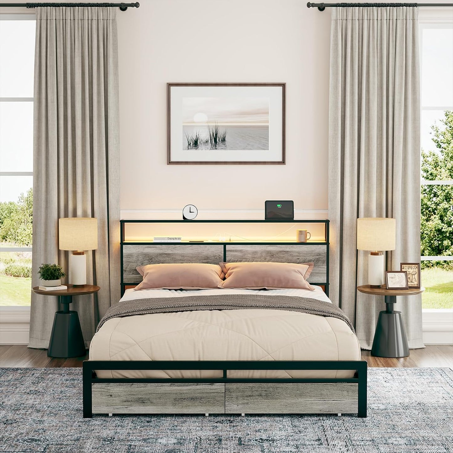 Queen Size Bed Frame with Storage Headboard and 4 Drawers LED Lighting Sturdy Metal Slat Support Non-Slip Noise-Free Platform No Box Spring Needed Greige