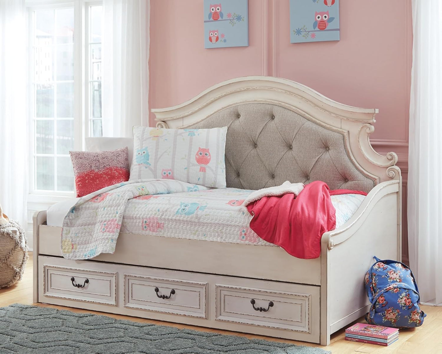 Signature Design by Ashley Realyn Traditional Upholstered Tufted Twin Platform Daybed with 1 Large Drawer, Foundation or Box Spring Not Needed, White & Beige