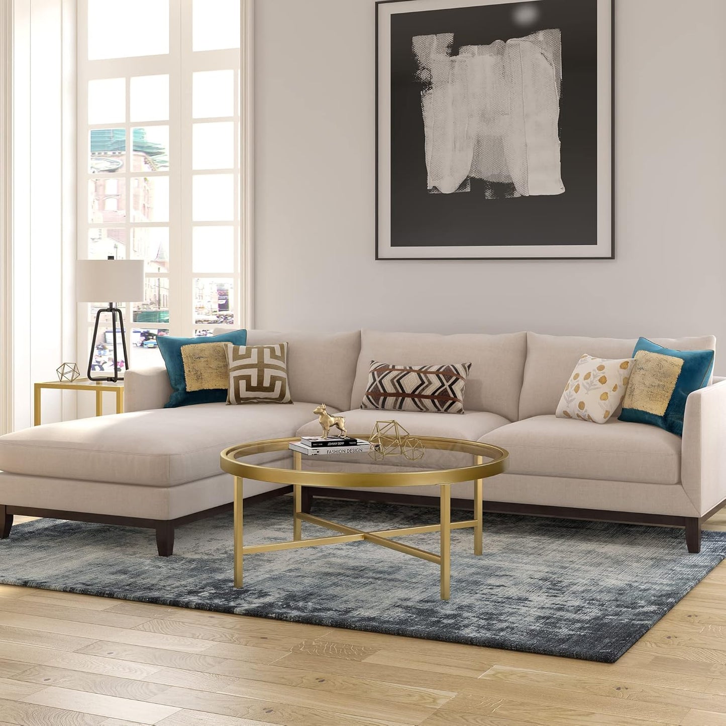 Henn&Hart 36" Wide Round Coffee Table with Glass Top in Brass, Modern coffee tables for living room, studio apartment essentials