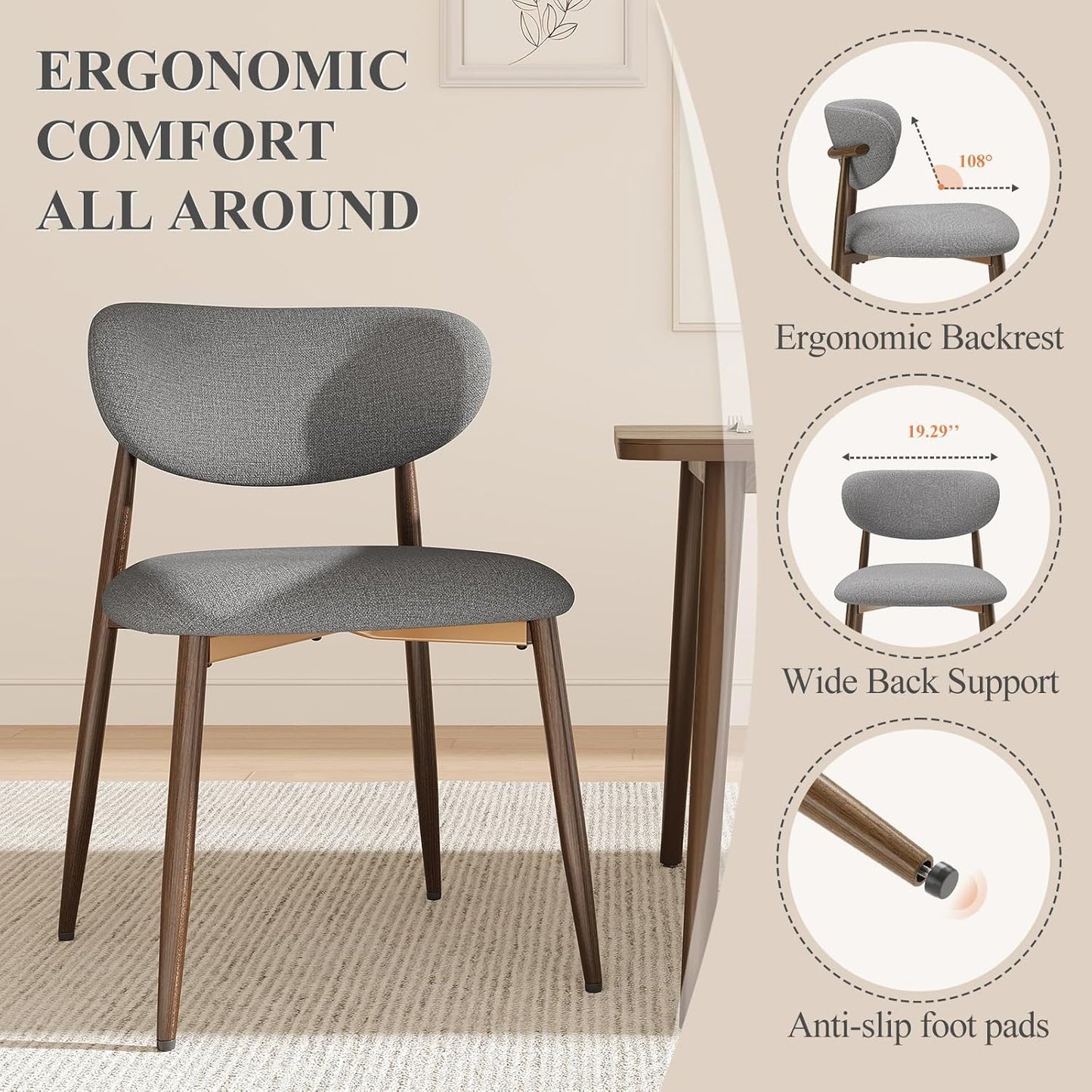 Dining Chairs Set of 4, Ergonomic Fabric Upholstered Seating with Wood Look Metal Legs and Anti Slip Pads, for Home and Restaurant Use, Light Grey