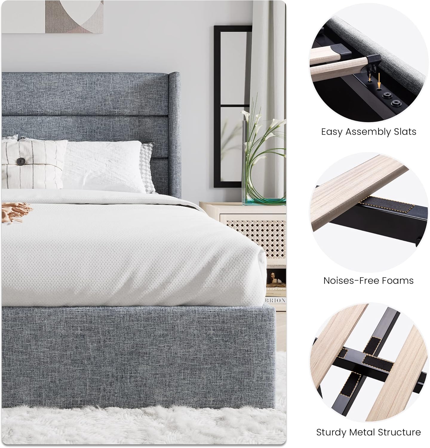 SHA CERLIN Queen Size Lift Up Storage Bed/Modern Wingback Headboard/Upholstered Platform Bed Frame/Hydraulic Storage/No Box Spring Needed/Wood Slats Support/Grey Blue