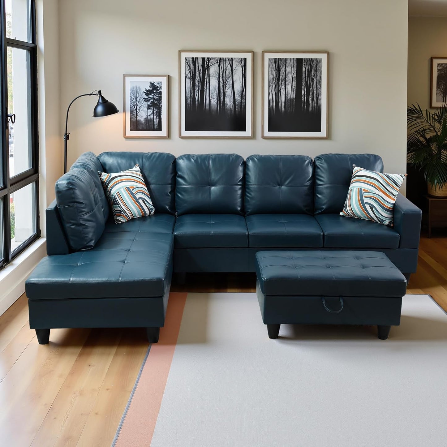 Osparple Sectional Couches for Living Room PU Leather L Shaped Couch 3 Pieces Modular Sectional Sofa with Storage Ottoman for Living Room and Small Apartment, Peacock Blue