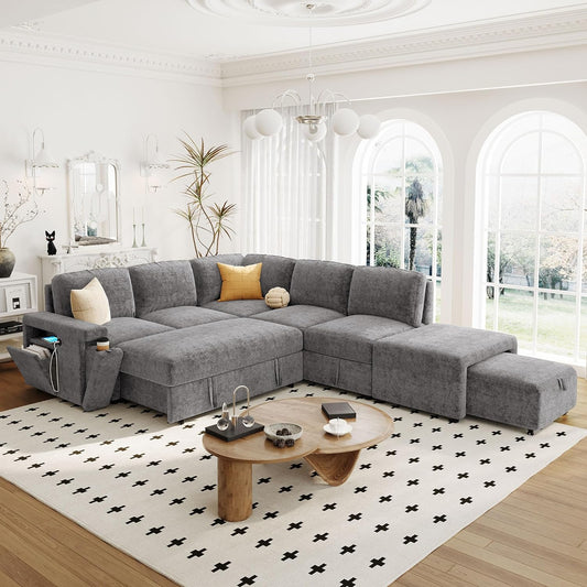 Merax L-Shaped Modular Sofa with Removable Storage Ottoman, USB Ports and Cup Holder, Upholstered Sectional Couch & Armrest, Free Combination Indoor Furniture for Living Room, Apartments, Gray