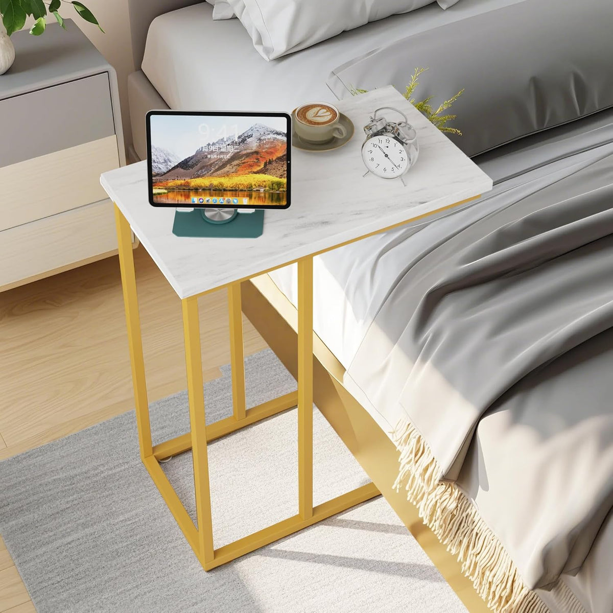 VECELO C Shaped End Side Table for Sofa Couch and Bed Snack TV Tray for Living Room Bedroom, 1 Set, Gold