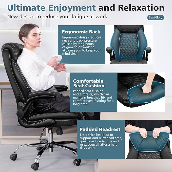 Office Chair, Ergonomic High Back Home Office Desk Chair, Big and Tall Breathable Leather Office Chair with Lumbar Support Flip-Up Armrests, Computer Gaming Chair with Rocking Function