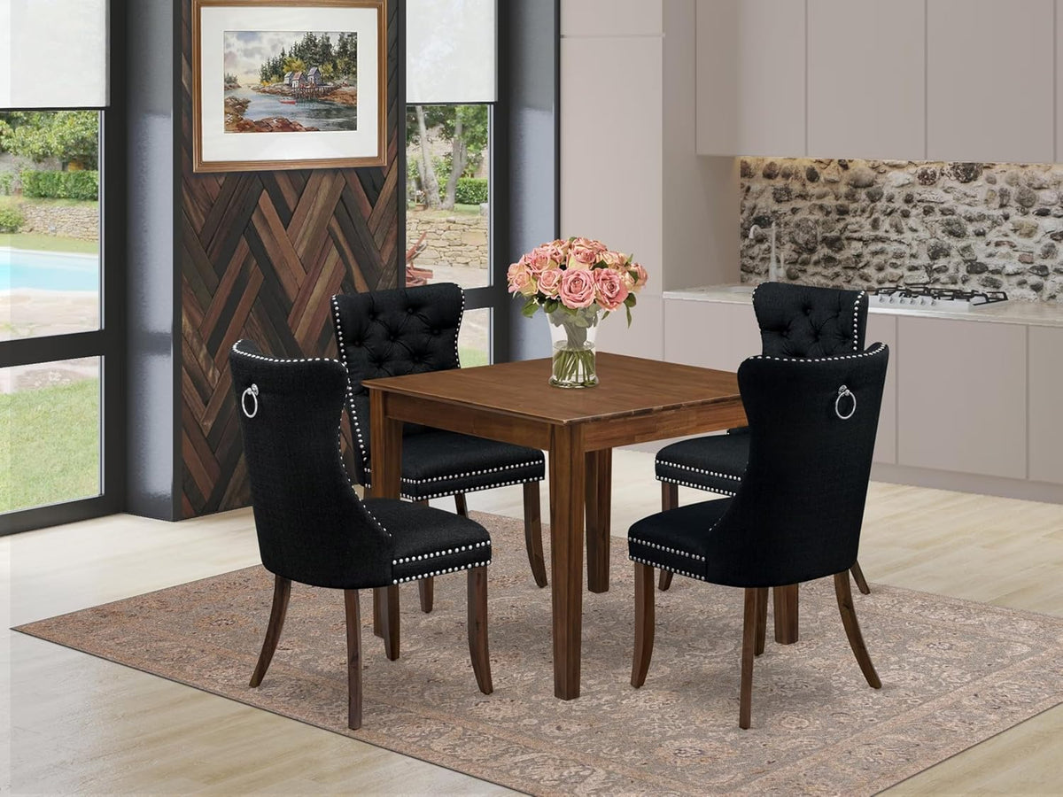 East West Furniture OXDA5-AWA-24 5 Piece Dining Table Set Consists of a Square Modern Kitchen Table and 4 Polyester Fabric Upholstered Parson Chairs, 36x36 Inch, Antique Walnut