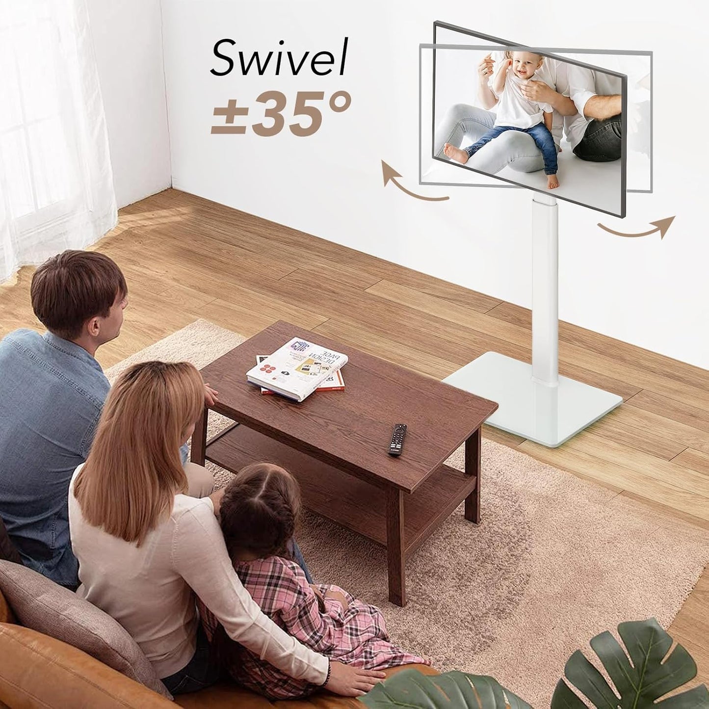 AX WABER Universal Floor TV Stand with Mount 70 Degree Swivel 9 Level Height Adjustable and Space Saving Design for Most 27 to 65 inch LCD, LED OLED TVs, Perfect for Corner & Bedroom White AX1006TW