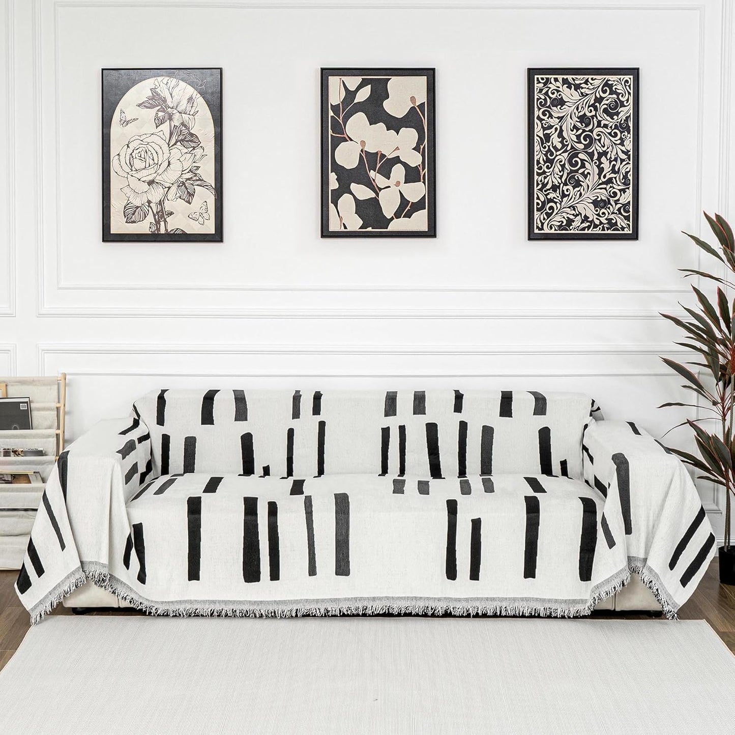 MYSKY HOME Sofa Covers for Sectional Sofa, Couch Cover for Dogs, Couch Covers with Tassel Loveseat Covers Futon Cover L Shaped Cover Washable Chenille Couch Protector, 71" x 134", Black Piano Key