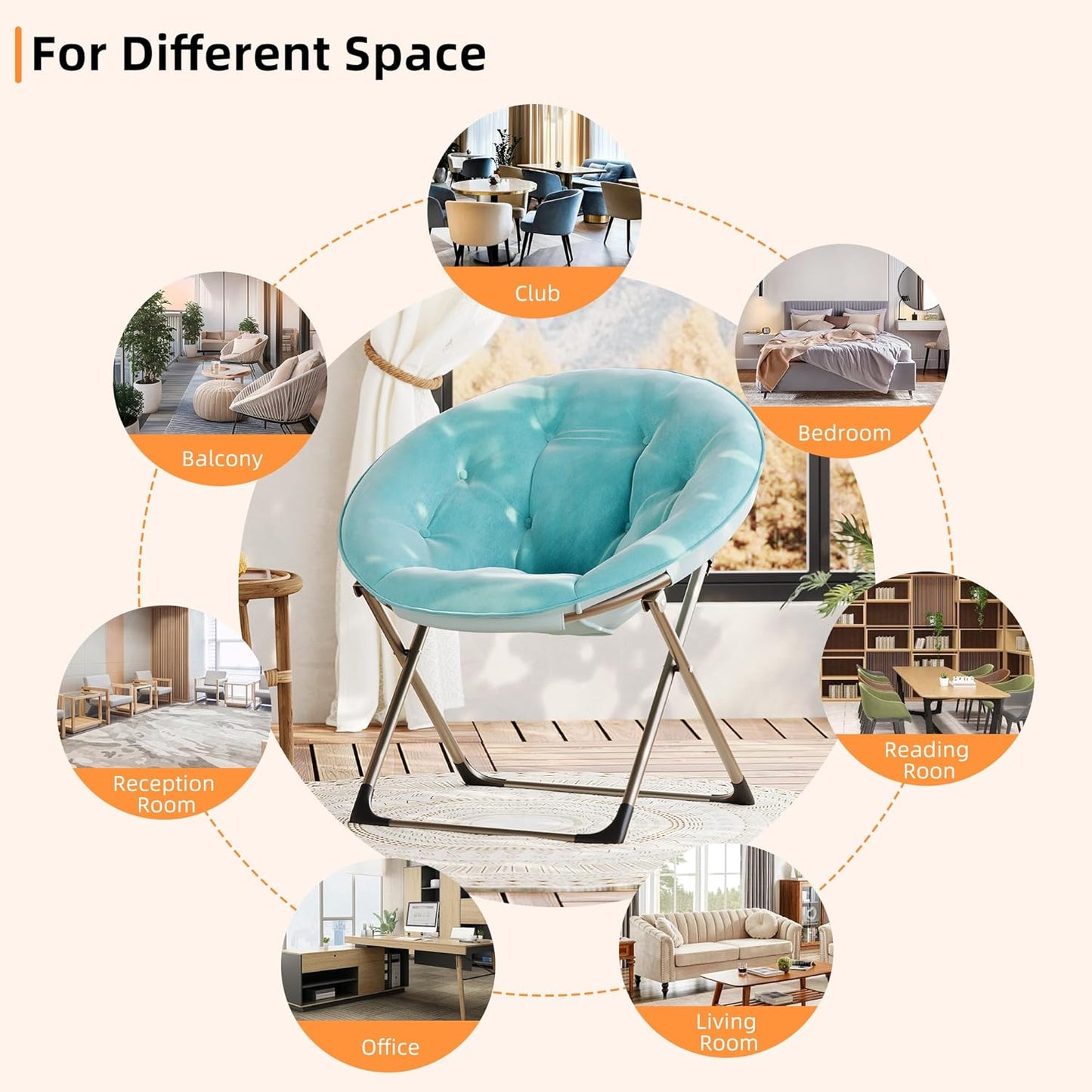 Comfy Saucer Chairs, Blue Folding Reading Lounge Chair, Cozy Faux Fur Living Room Chair with Soft Thick Padded Seat & Metal Frame, Modern Style Bedroom Home for Kids Adults, X-Large, Gold Legs
