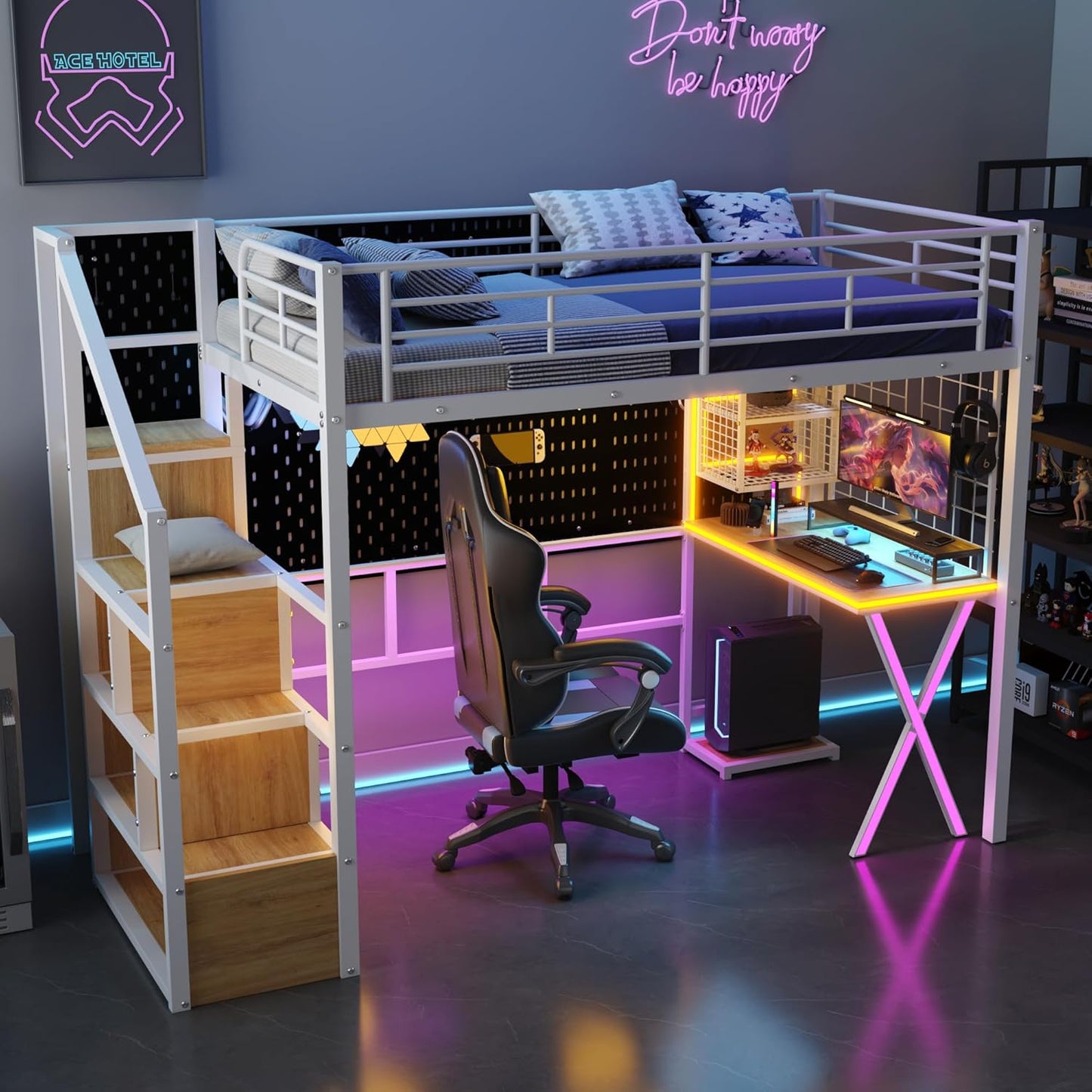 Merax Twin Size Metal Loft Bed with Built-in Work Station, Wardrobe, Storage Staircase and LED, Gaming Bed for for Kids Teens Adults, Full-Length Guardrails, No Box Spring Needed, White