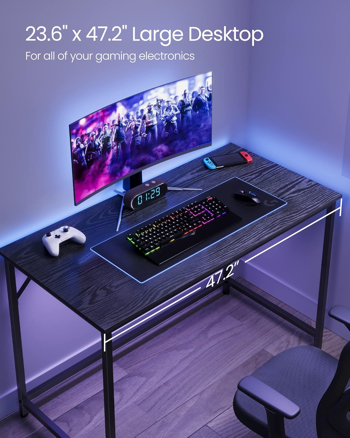 VASAGLE Computer Desk, Gaming Desk, Home Office Desk, for Small Spaces, 23.6 x 47.2 x 29.9 Inches, Industrial Style, Metal Frame, Black with Wood Grain ULWD039B56