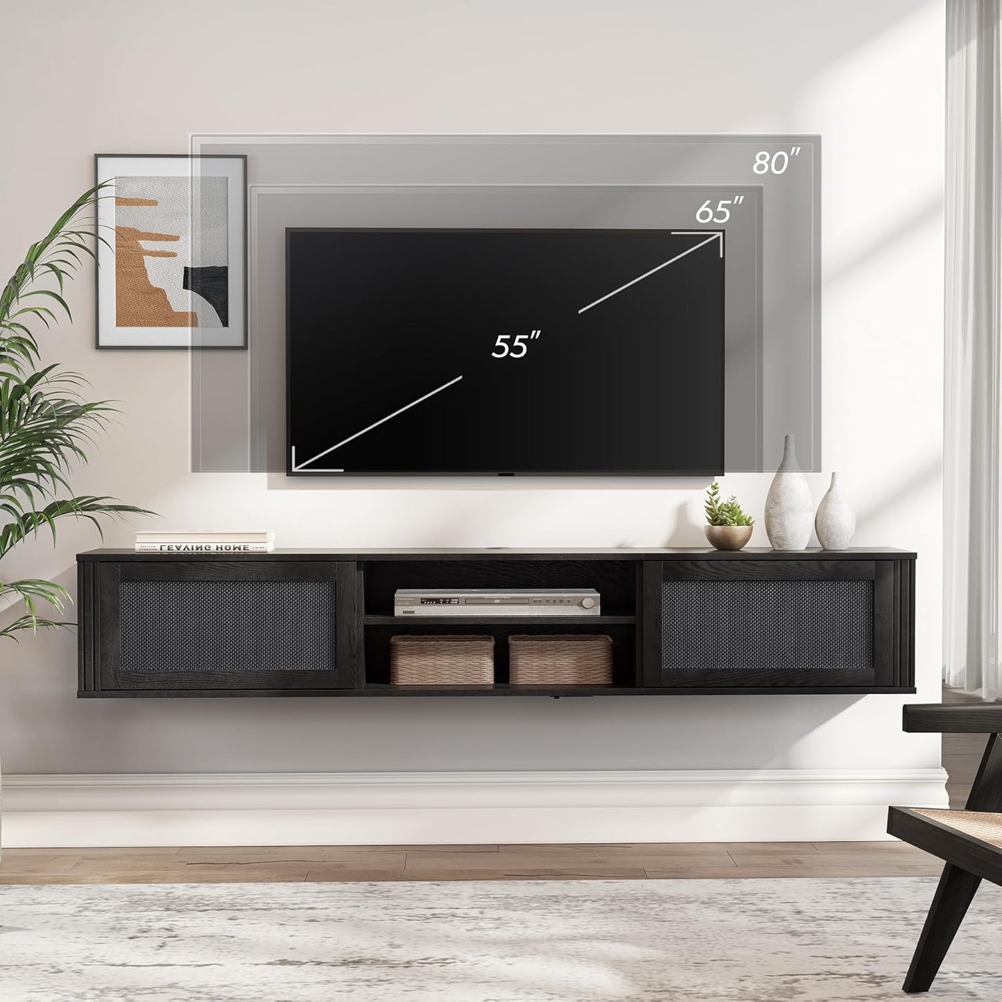 WAMPAT 70" Floating TV Stand with Power Outlet, 2-Tier Wood Media Console Entertainment Center with 2 Rattan Doors, Modern Wall Mounted TV Shelf Cabinet for Under TV, Living Room, Bedroom, Black