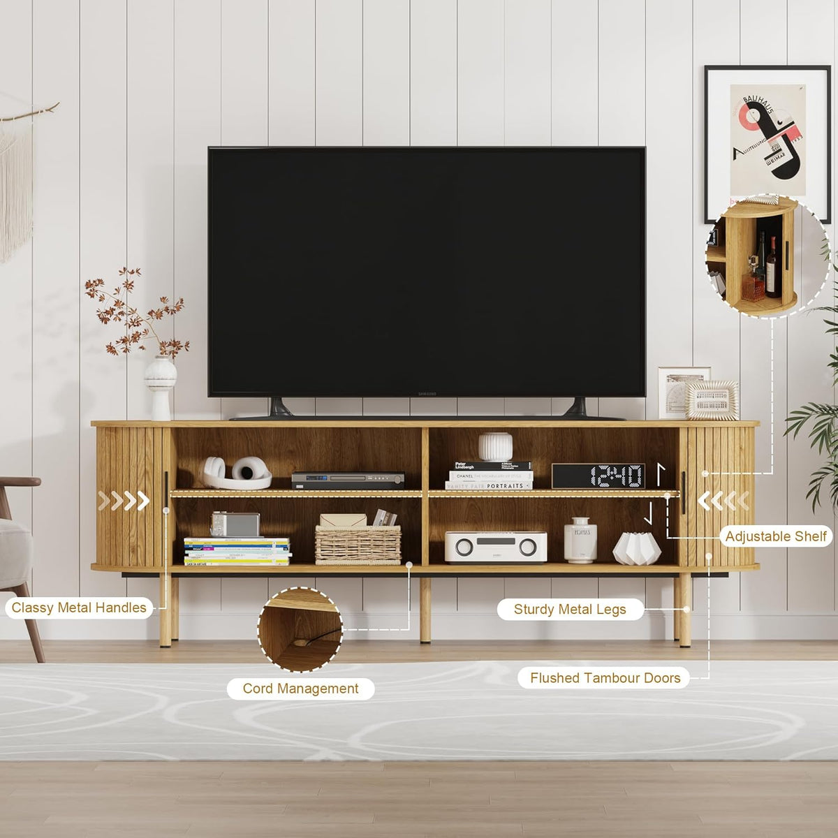 70.1" TV Stand, Modern TV Console Table with Storage Compartment and Sliding Door, Gaming Entertainment Center with Cabinet for Living Room, Bedroom, Office, Oak