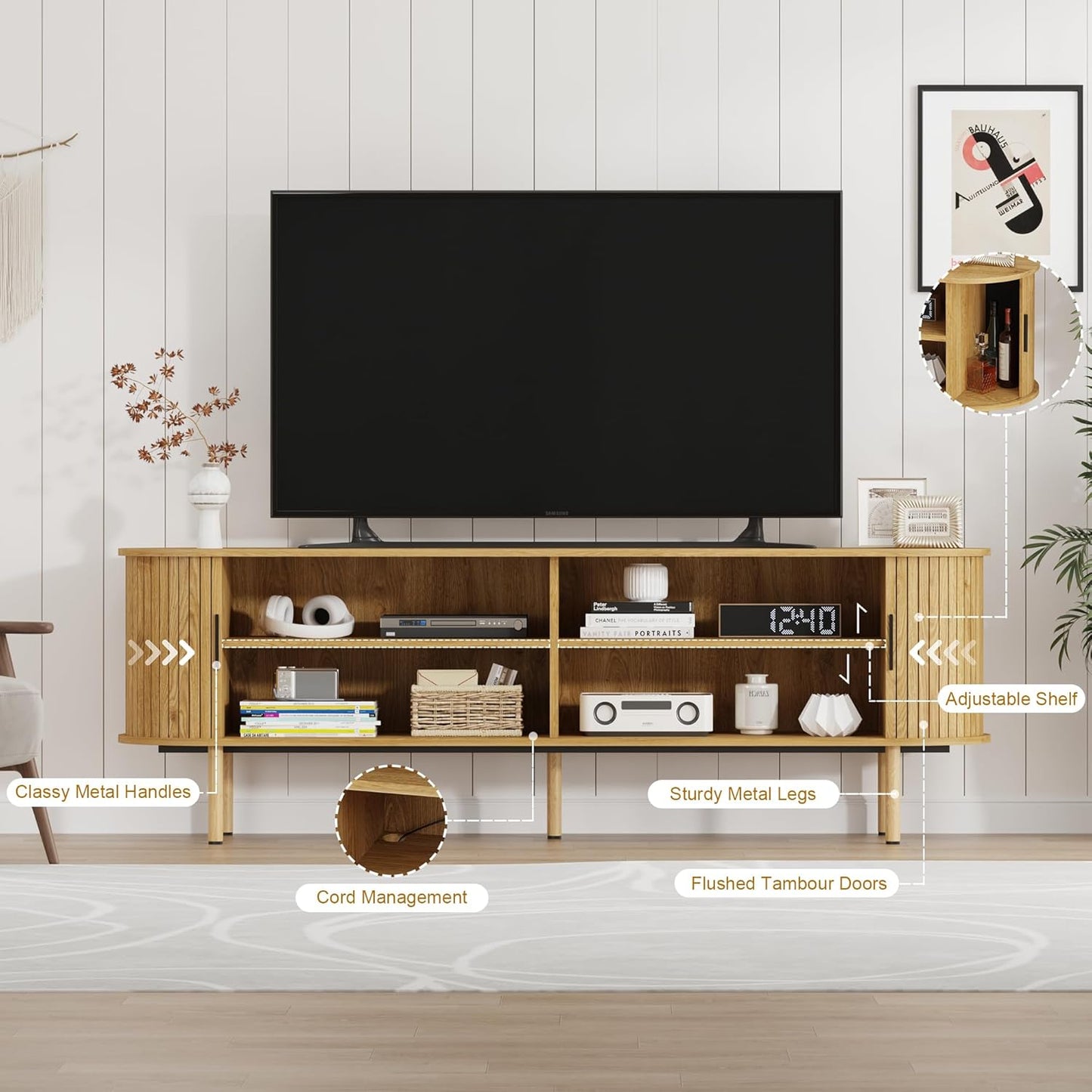 GarveeHome 70.1" TV Stand, Modern TV Console Table with Storage Compartment and Sliding Door, Gaming Entertainment Center with Cabinet for Living Room, Bedroom, Office, Oak