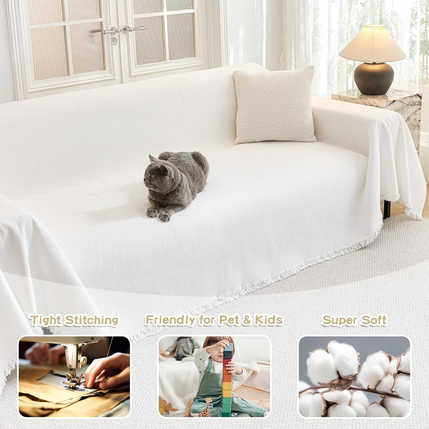 MYSKY HOME Couch Cover for Dogs Washable Couch Covers for 3 Cushion Couch Sofa Super Soft Sofa Slipcover Non Slip Sofa Cover, Chenille Sofa Covers for Dogs, Furniture Protector, 71"x150", White