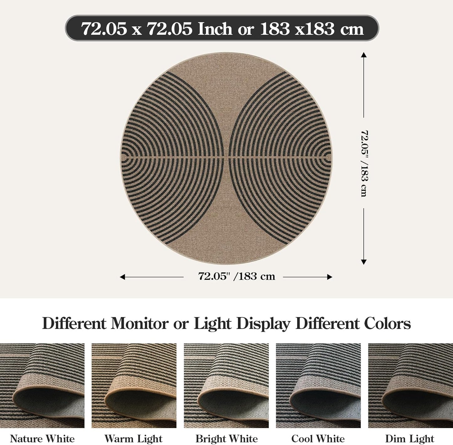Lahome Modern Rainbow Round Rug, 6ft Easy Jute Circle Patio Rug Washable Indoor Outdoor Living Room Carpet, Farmhouse Natural Contemporary Round Carpet for Entryway Backyard
