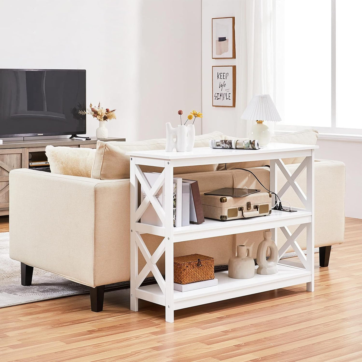 Yaheetech Entryway Table with Storage Shelves, Console Table with Power Outlets and USB Ports, Wood Narrow Sofa Tables with X-Shaped Design for Living Room/Hallway/Couch, White