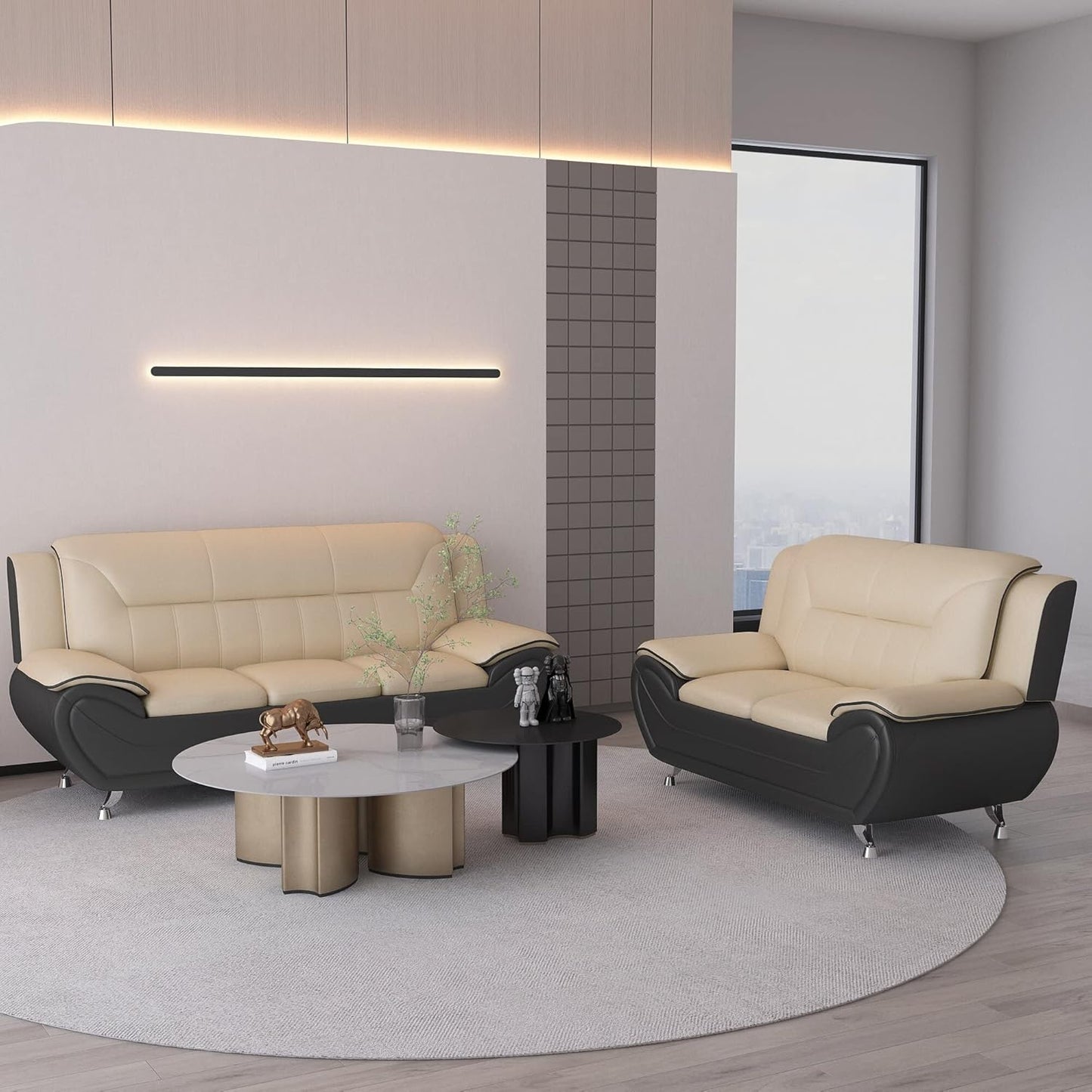 Container Furniture Direct Michael Modern Faux Leather Upholstered Stainless Steel Legs Living Room Loveseat, Black Camel