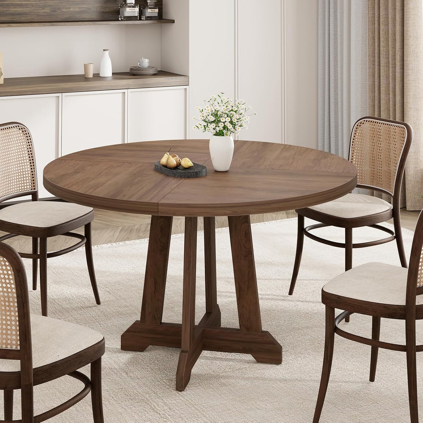 GarveeHome Round Dining Table for 4,Kitchen Dining Room Circle Dinner Pedestal Table,Space Saving Wood Kitchen & Dining Room Furniture,Brown 47-inch Diameter