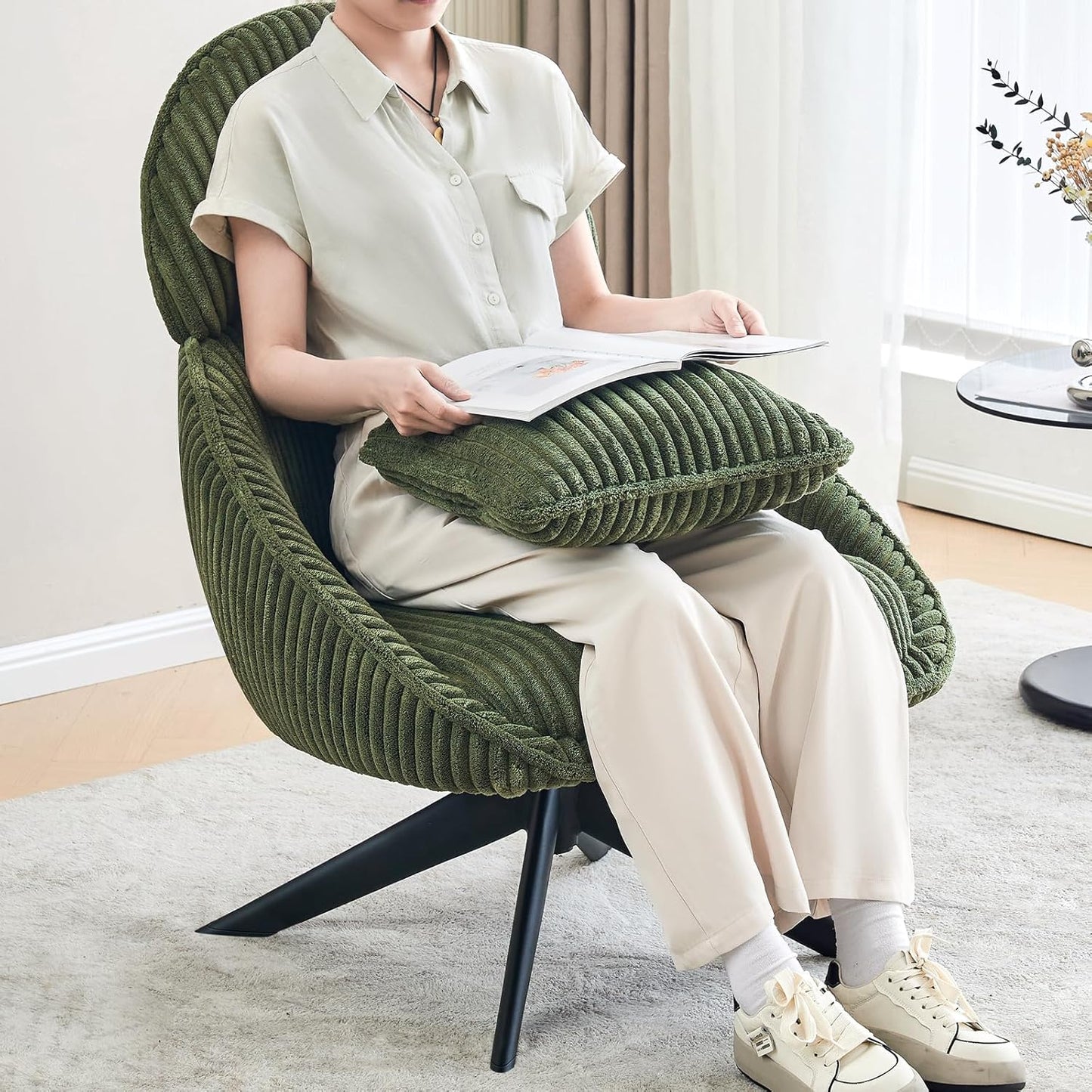 Furniliving Upholstered Swivel Accent Chair for Living Room, Modern Armchair Side Chair with Headrest Bedroom Chair with Metal Legs Comfy Sofa Chairs with Pillow, Large, Corduroy, Green