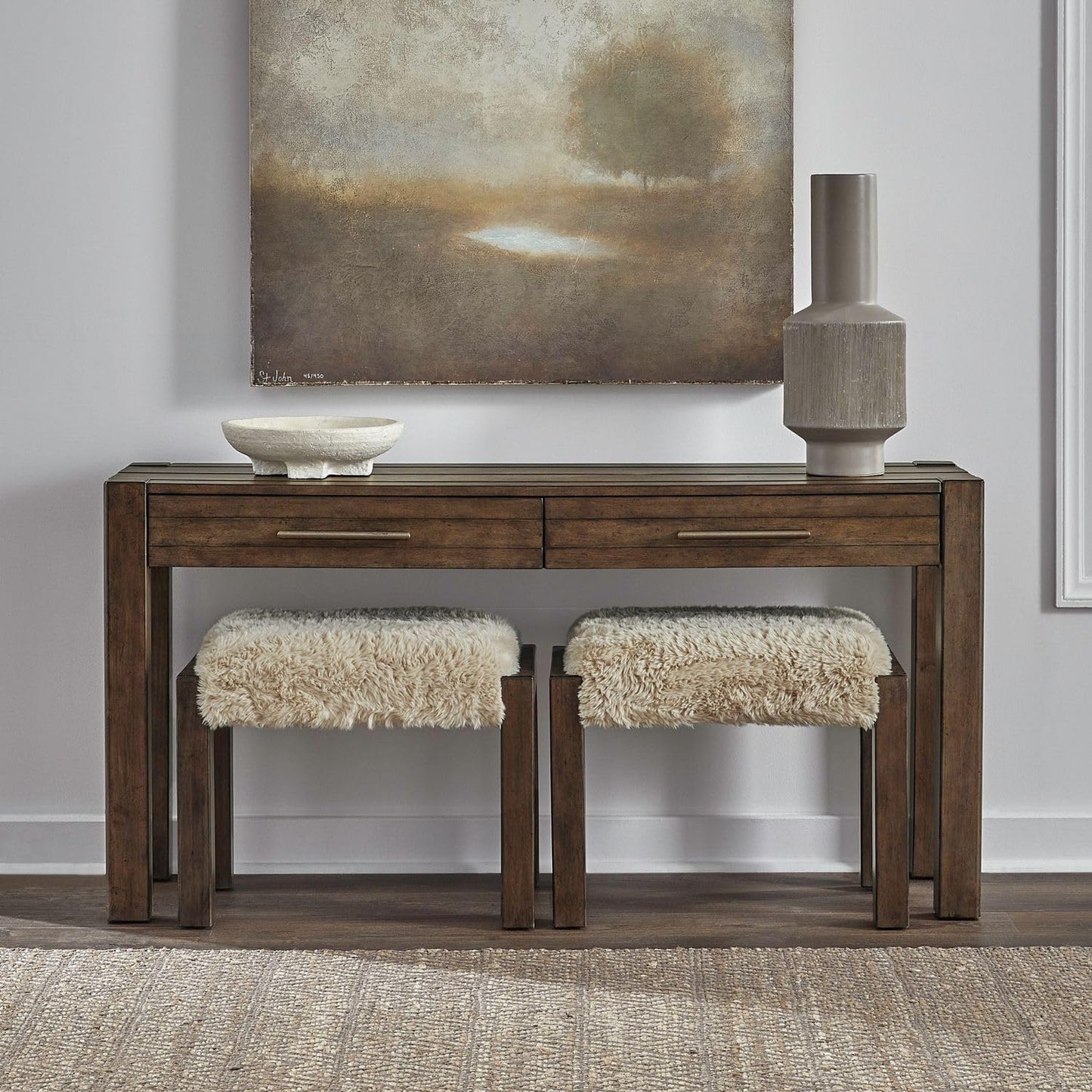 Liberty Furniture Broadmore Living Room Alt 3 Piece Set - Console Bar Table, 2 Upholstered Ottoman Stools - Cobblestone Brown