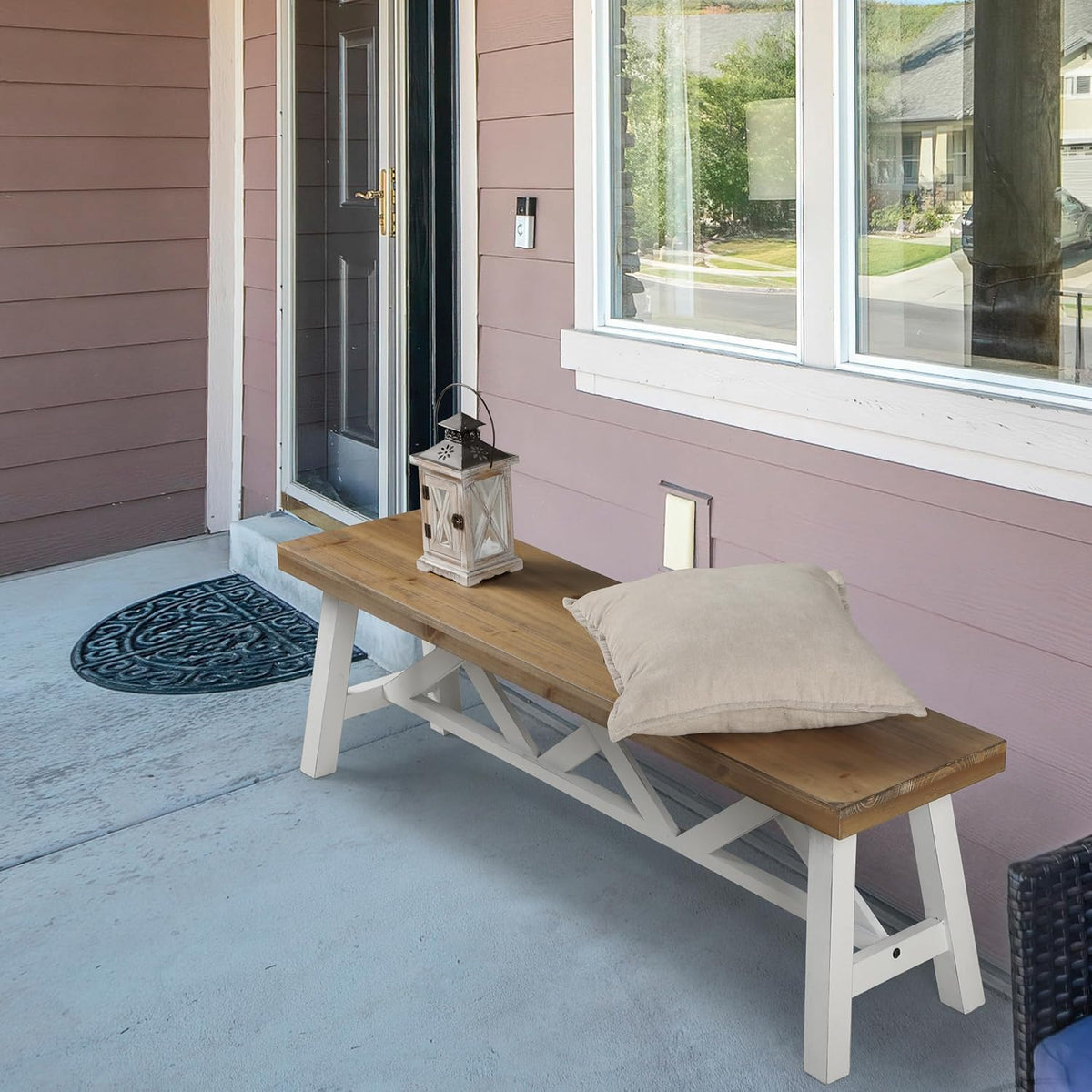 Wnutrees 54" Farmhouse Wood Bench, Rustic Solid Wood Entryway Bench Seat with Double X-Structure for Dining Room, Living Room, Hallway, Structural Stability, White