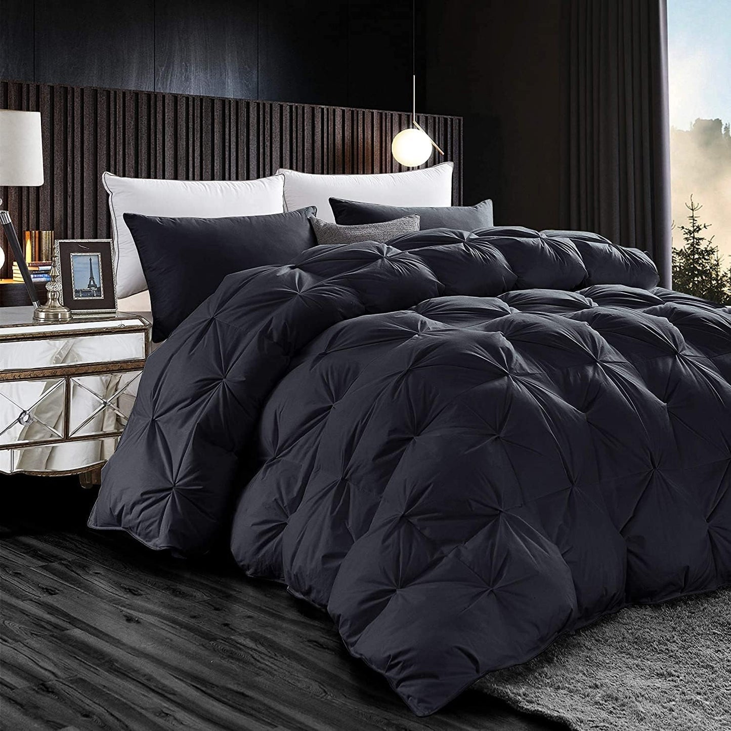 Luxurious All-Season Goose Down Feather Fiber Comforter Super King Size Duvet Insert (120x120), Exquisite Pinch Pleat Design- Black, Premium Baffle Box, 100% Egyptian Cotton Cover, 85 oz. Fill Weight