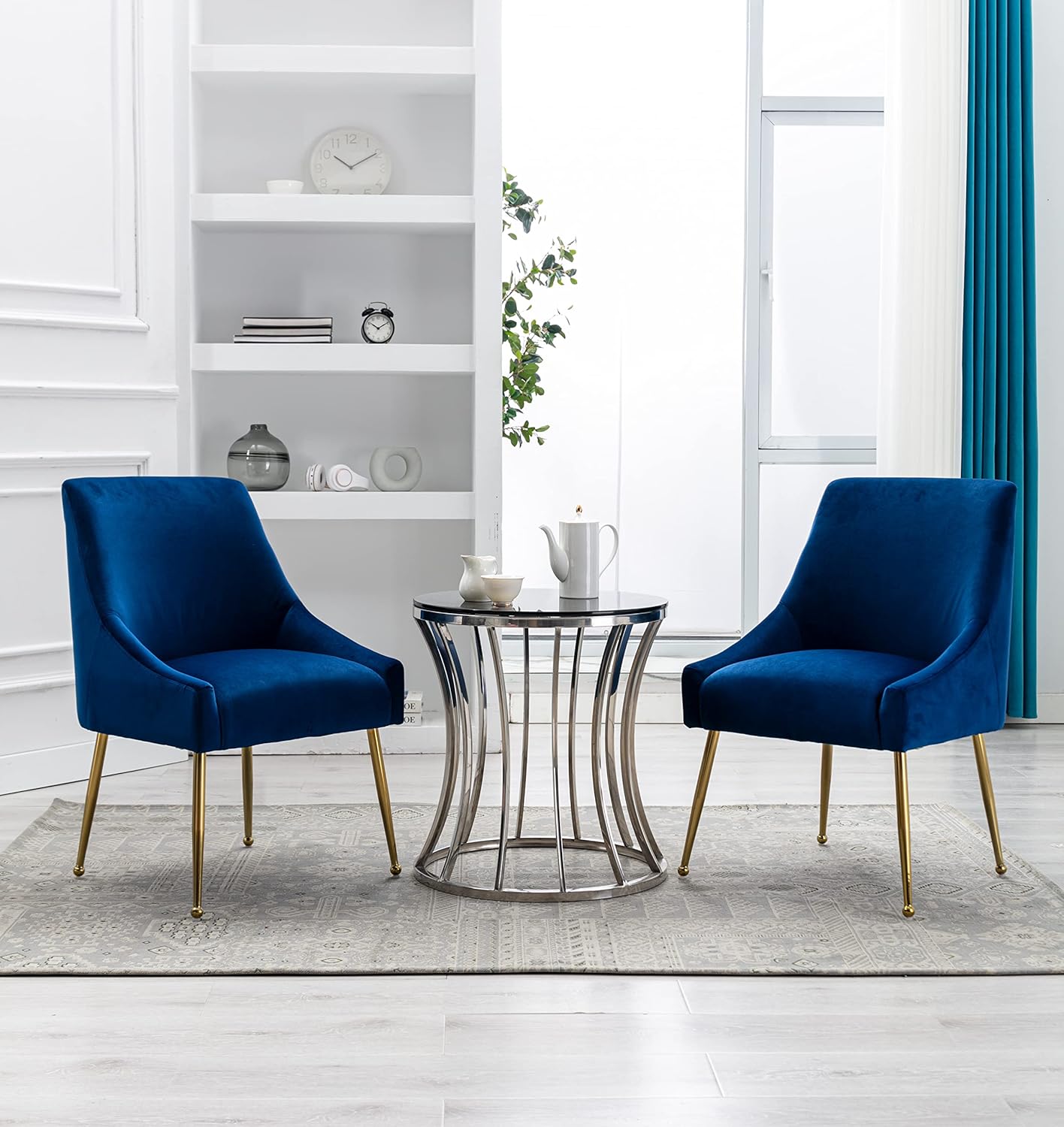 Velvet Dining Chairs, Furniture Collection Modern Contemporary Upholstered with Polished Gold Metal Legs, Set of 4(Blue)