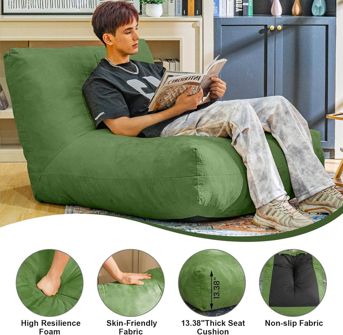 Bean Bag Chair Lazy Bean Bag Sofa, Floor Beanbag Chairs with Stuffed High-Density Foam, Memory Foam Bean Bag Sofa for Living Room, Bedroom and Office
