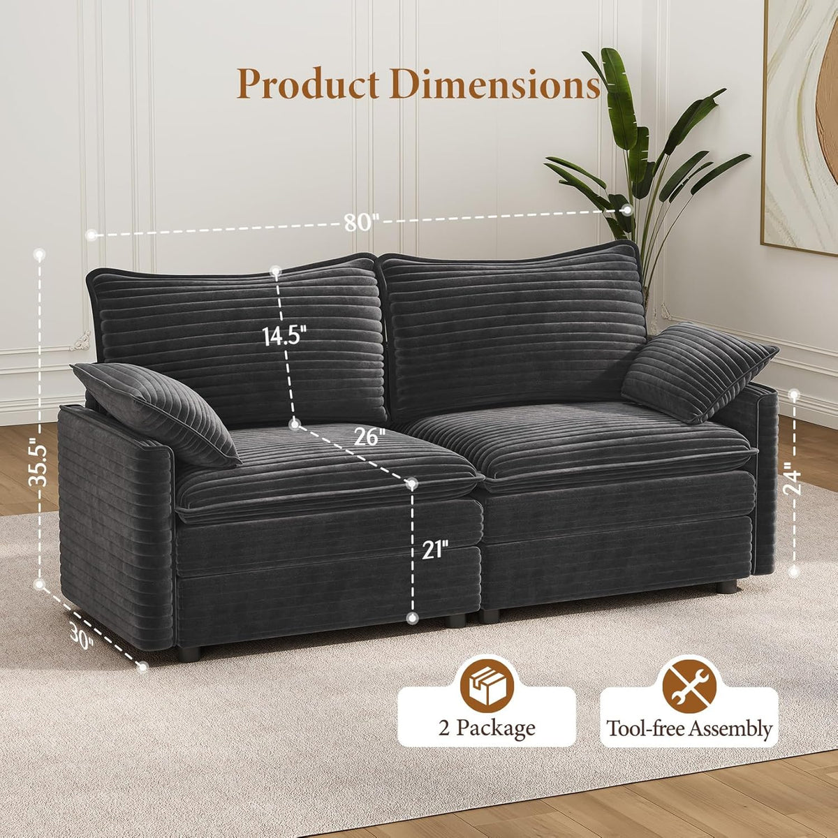 Vesgantti 74" Loveseat Sofa for Living Room, Comfy Cloud Couch Deep Seat Corduroy Modern 2 Seater Small Sofa with Armrest Pillow, Easy Assembly for Small Spaces, Gray