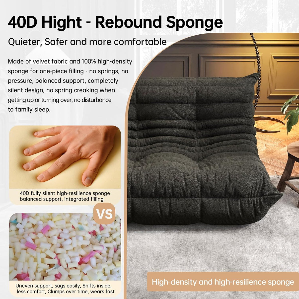 Bean Bag Chairs for Adults, Memory Foam Couch Loveseat Sofa Chair, Soft Teddy Material Cozy Comfy Reading Nook Chairs, Floor Chair for Living Room Bedroom Office(Black)