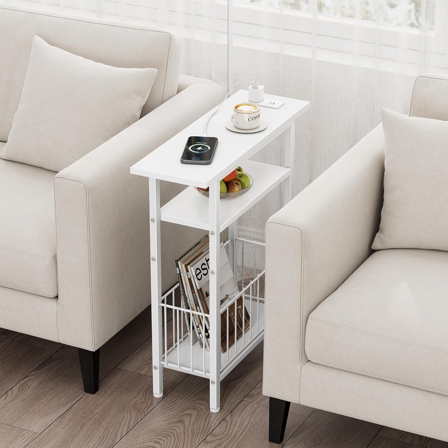 Vagusicc Narrow Side Table with Charging Station, Skinny Side End Table for Couch, 3-Tier Small End Tables for Small Spaces, 25.2" Tall Slim Nightstand Bedside Table for Living Room, Bedroom, White