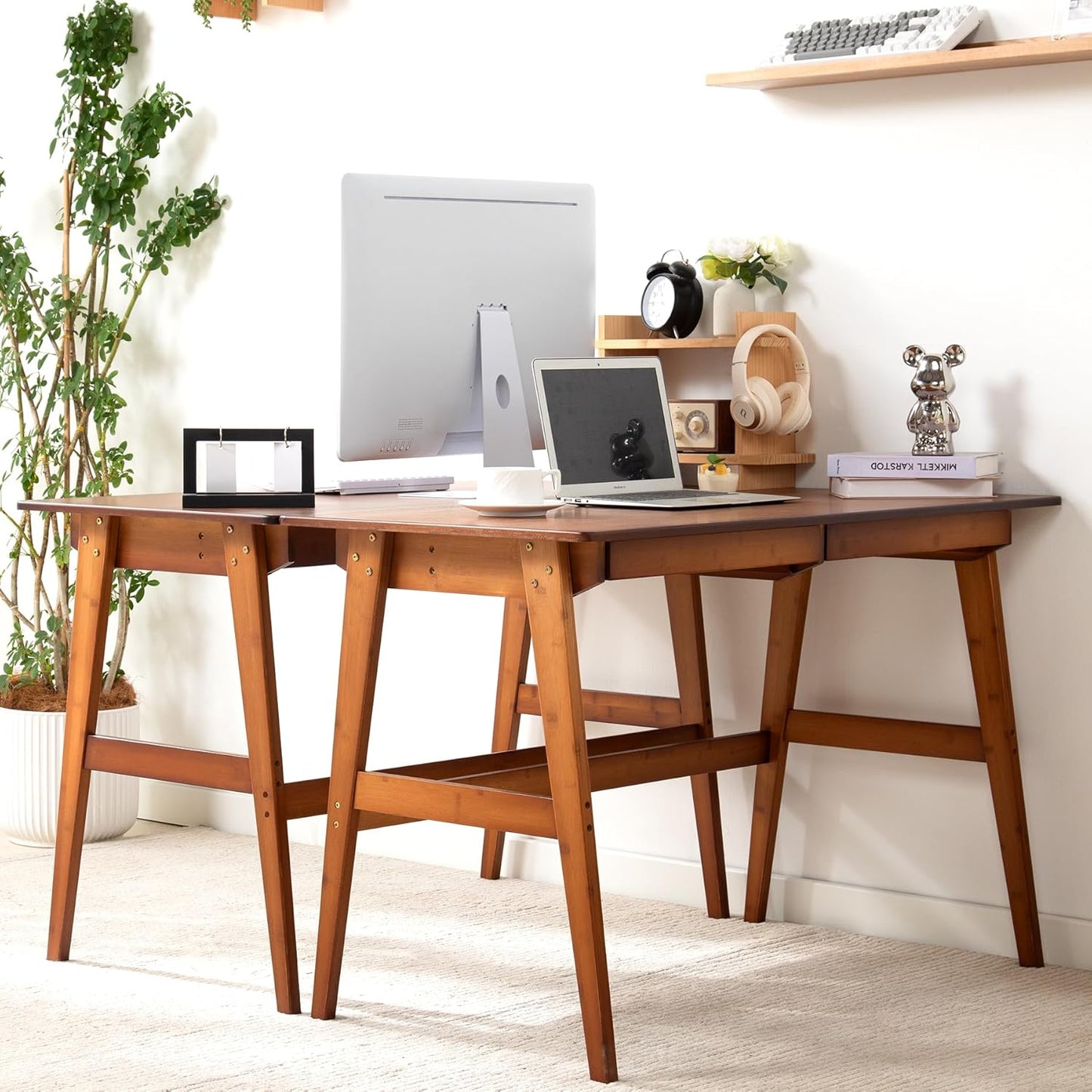 Nnewvante Desk, Bamboo Table with 2 Drawers, Simple Modern Furniture for Home, Office, Computer, Writing, Study, Makeup & Workstation (46''-Brown)