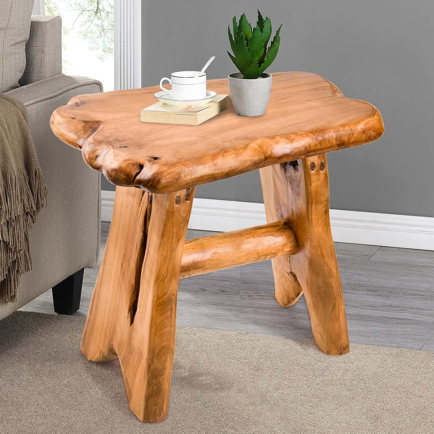 Wood Step Stool, Unique Design Live Edge Wood Stool, Freeform Natural Plant Stand for Garden, Yard, Living Room, Bedroom