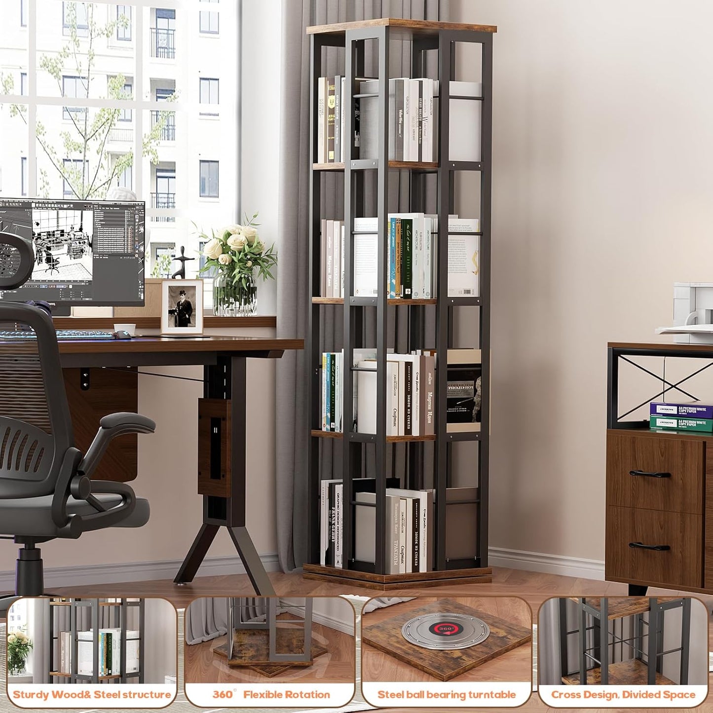 Aheaplus Rotating Bookshelf, Corner Bookcase, 360 Display Wood Spinning Bookshelves, Floor Standing Bookcases Narrow Shelf, 4 Tiers, Rustic Brown
