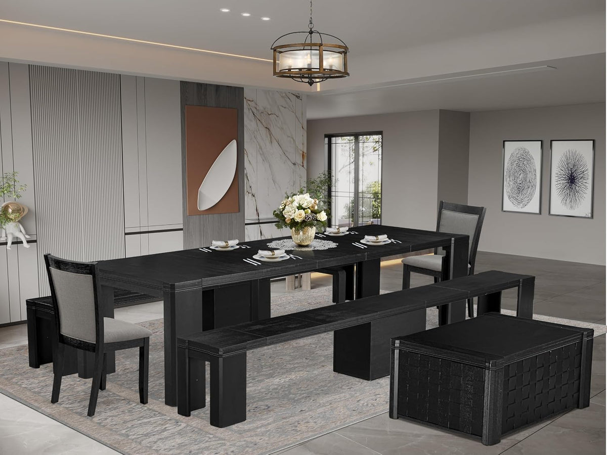 X02MZ-2C6-50 - 6-pc Dining Table Set a Kitchen Table with a coffee Table and 2 wooden Benches and 2 Dark Gotham Grey Linen Fabric Chairs, 39x120 Inch, Wire Brushed Black