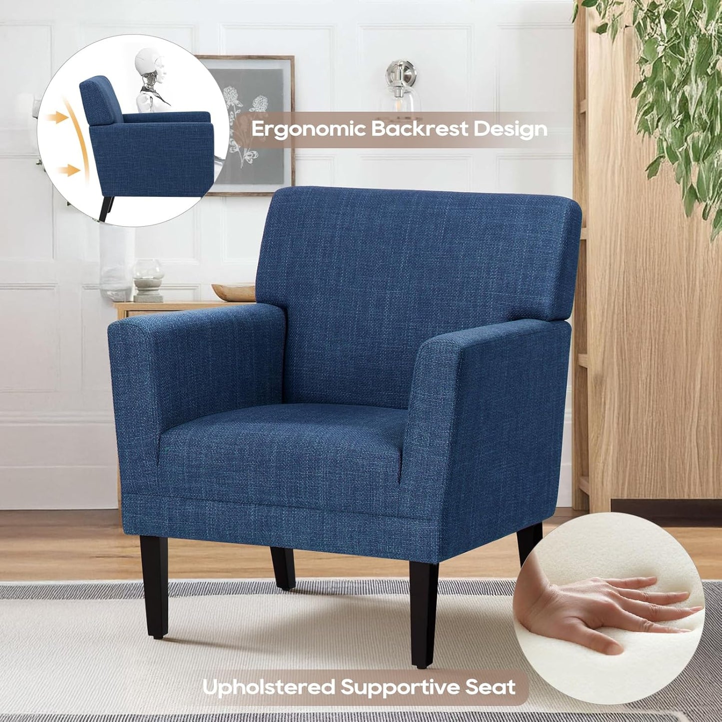 COLAMY Modern Accent Chair for Living Room, Upholstered Fabric Accent Armchair with Back, Soft Single Sofa Chair with Arms for Bedroom/Office/Reception Room, Blue