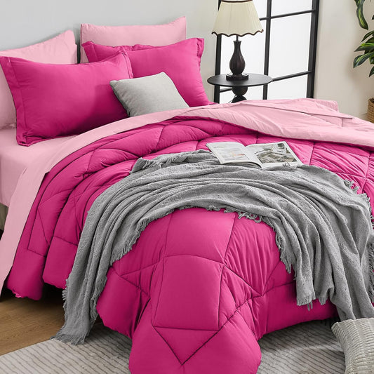 HEVUMYI Hot Pink & Baby Pink Full Comforter Set - 7-Piece All Season Bed in a Bag Full, Ultra Soft Bedding Set with Comforter, Flat Sheet, Fitted Sheet, Pillowcases, Pillow Shams