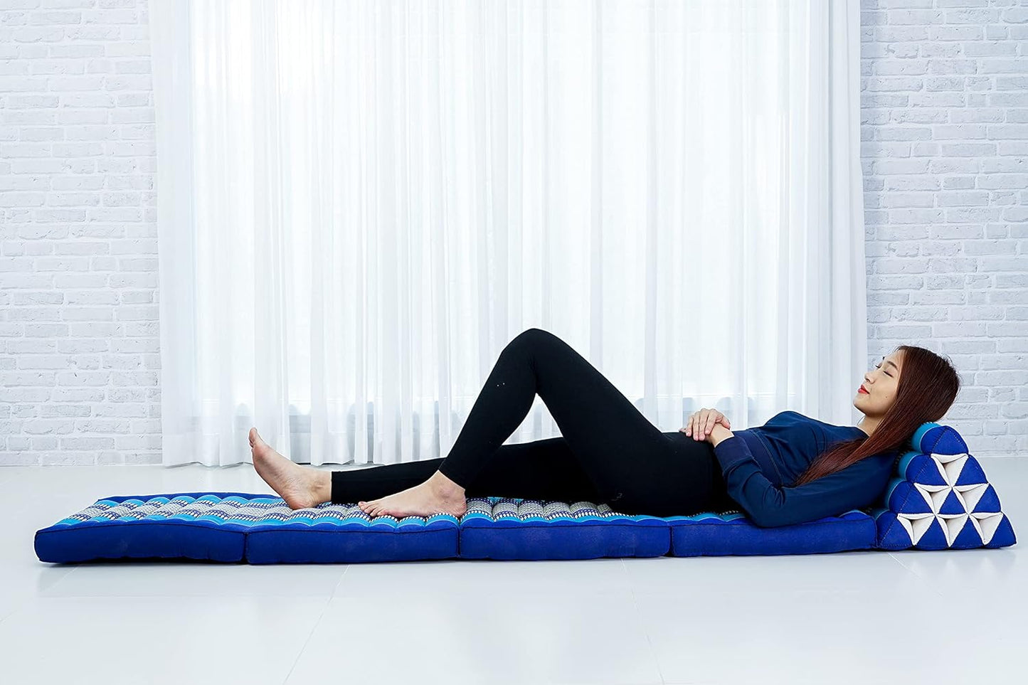 Leewadee Comfortable Japanese Floor Mattress - Thai Floor Bed with Triangle Cushion - Futon Mattress - XL Extra Long Thai Massage Mat, 89 x 20 inches, Blue, Kapok Filling